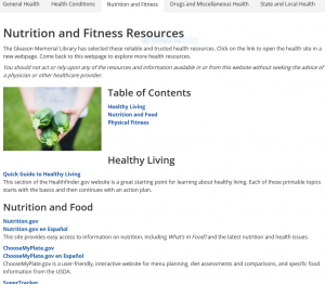 Snapshot of library's nutrition and fitness page